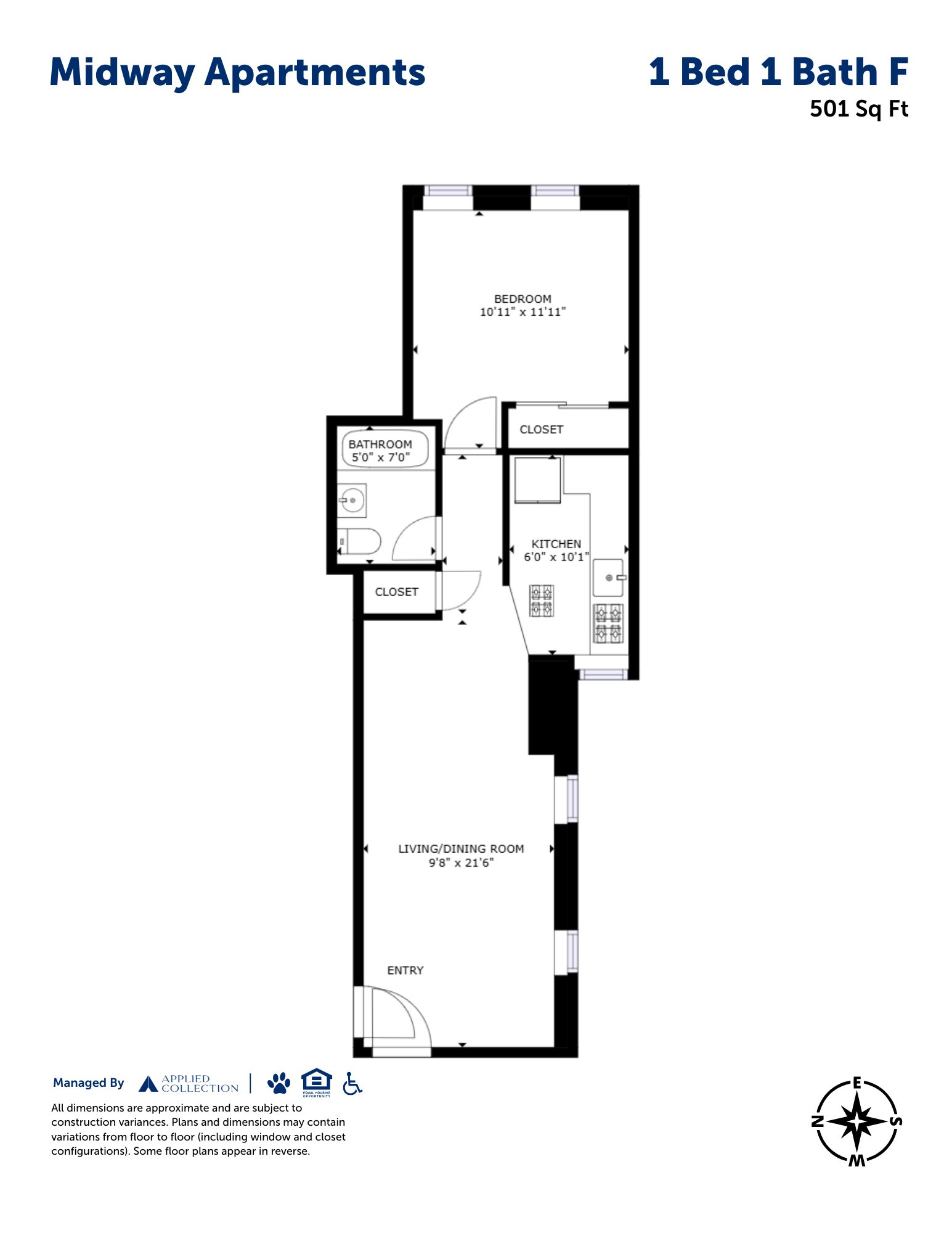 Floor plan for 1 bed, 1 bath, 501 sqft